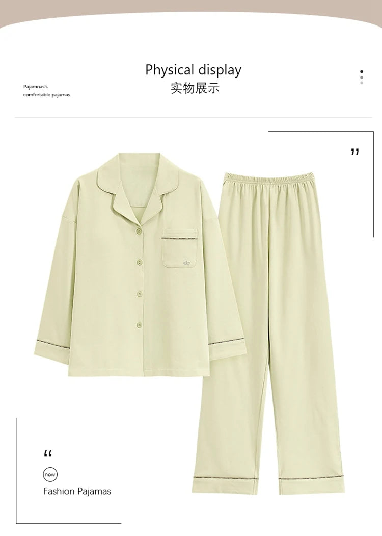 100% Bomull Parpyjamas – Höst/Vinter – Långärmad & Lös Passform – Koreansk Stil