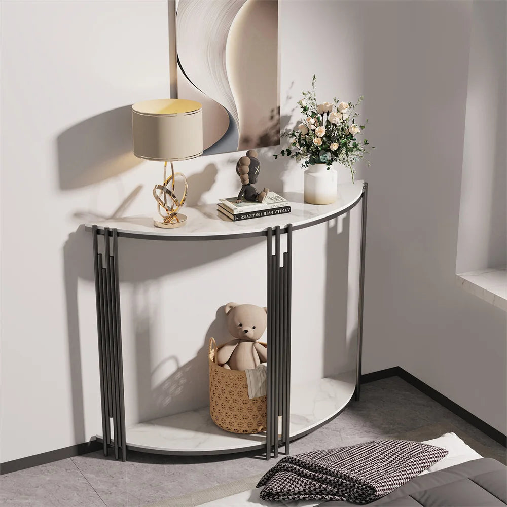 LUVODI Halvmåne Konsolbord – Sintersten & Metall – 100×78 cm – Vit & Svart