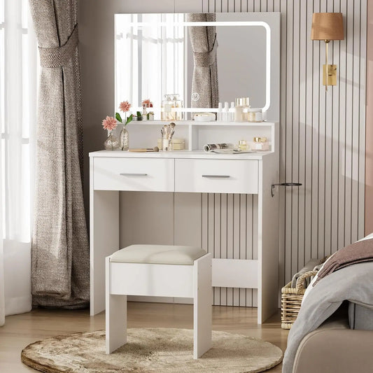 Sminkbord med LED-spegel & Eluttag – Komplett Set med Pall & Hårfönhållare