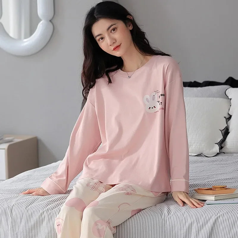 🛌 100% Kammad Bomull Pyjamas för Kvinnor – Höst/Vinter – Söt Tecknad Design – Långärmad & Långbyxor