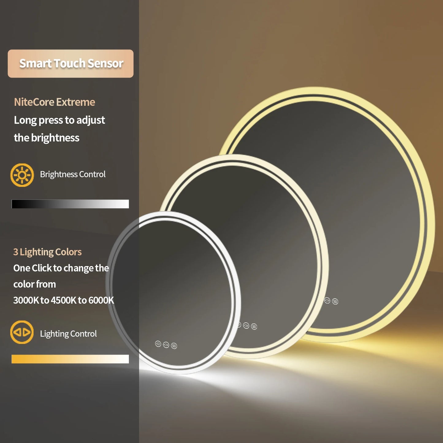 Wisfor Rund LED-spegel – Dimbar & Imfri med 3 Ljuslägen (Ø 60–80 cm)
