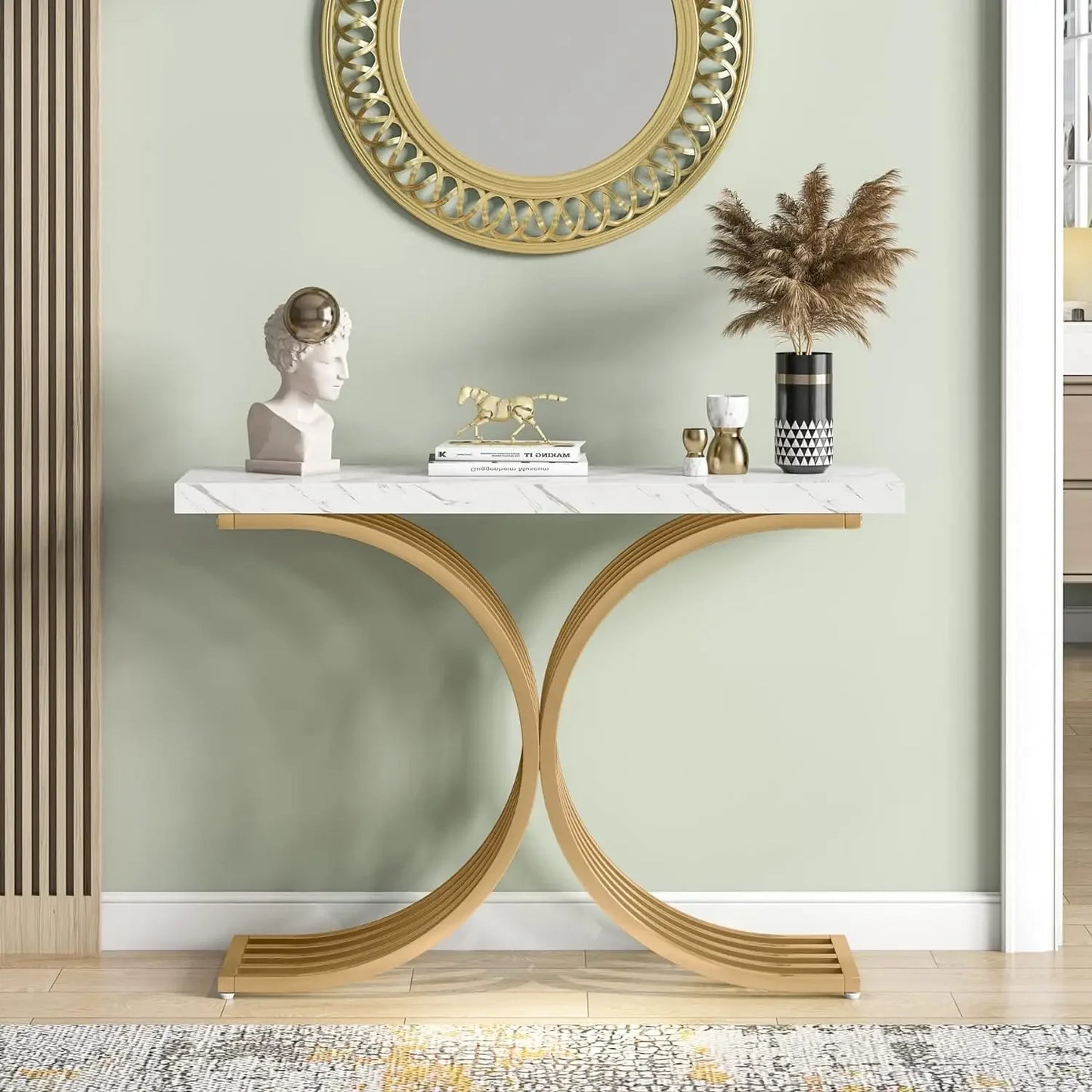 Tribesigns Konsolbord – Vit Marmorlook & Guldmetall | Smal Soffbord / Hallbord