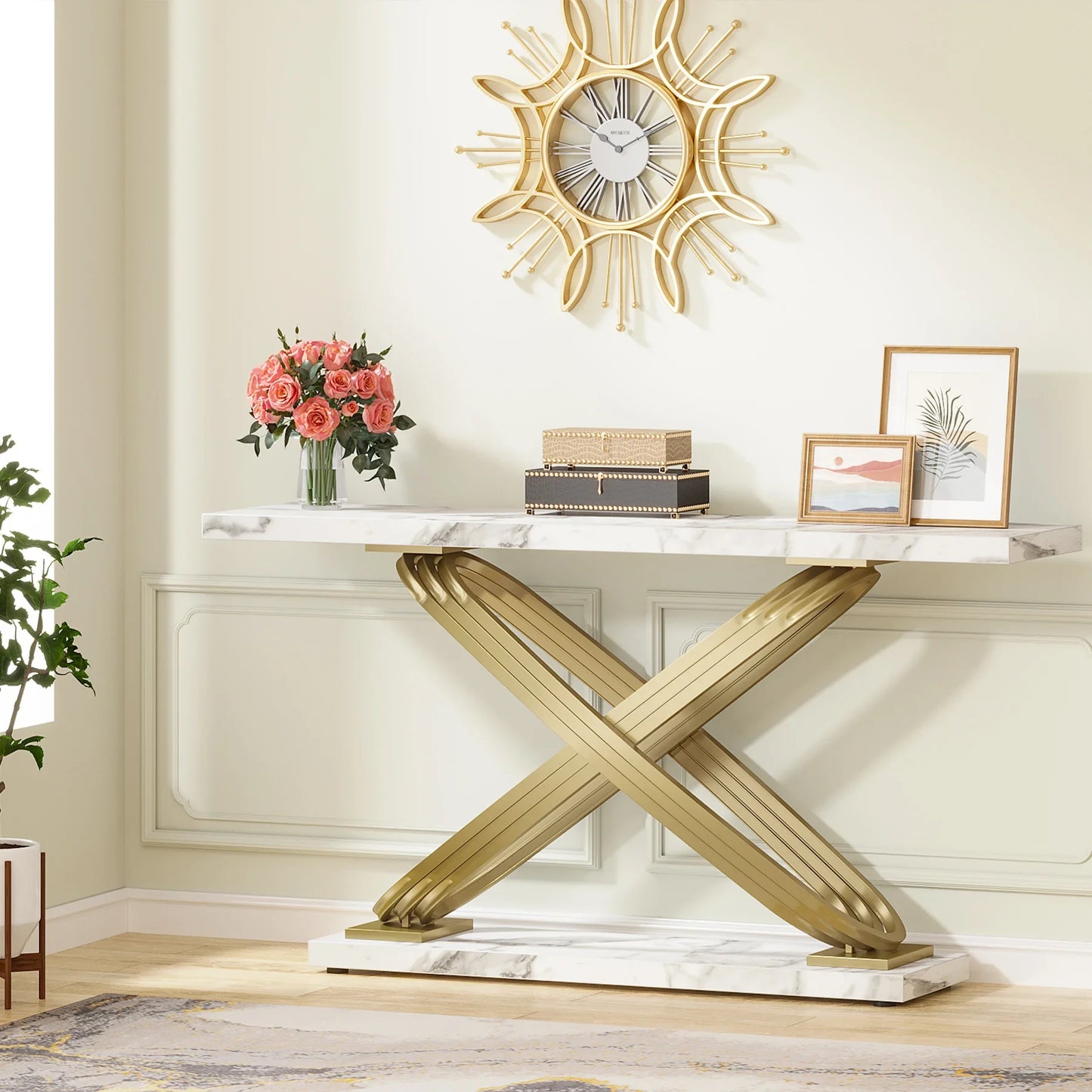 Tribesigns 140 cm Konsolbord – Marmorlook & Guld – Smal Rektangulär Design för Vardagsrum & Hall