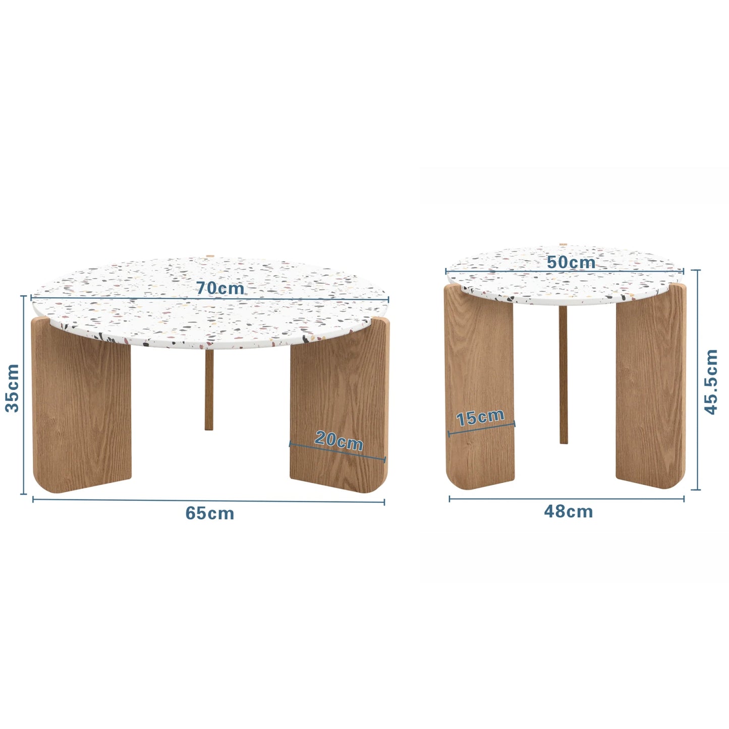 Rosahqnda 2-delat Runt Soffbord – Vit & Trä – Stapelbar Design – 70 & 50 cm