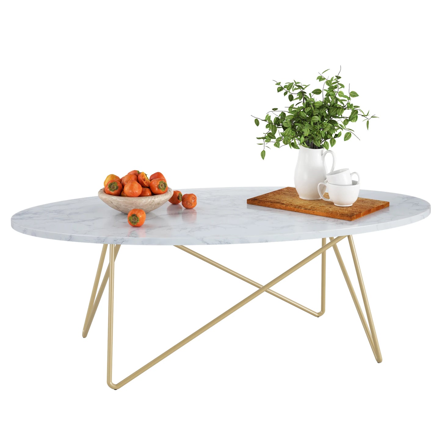 Getone Marmorbord – Oval Soffbord med Guldben – 120×60×41 cm – Vit & Marmorlook