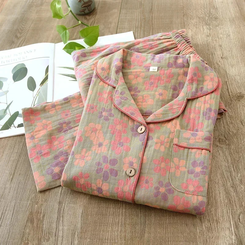🌸 Elegant Pyjamas för Kvinnor – 100% Bomullskrepp – Blommigt Tryck – Vår & Sommar – 2-delad Set