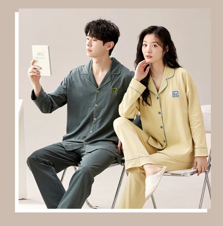 100% Bomull Parpyjamas – Höst/Vinter – Långärmad & Lös Passform – Koreansk Stil