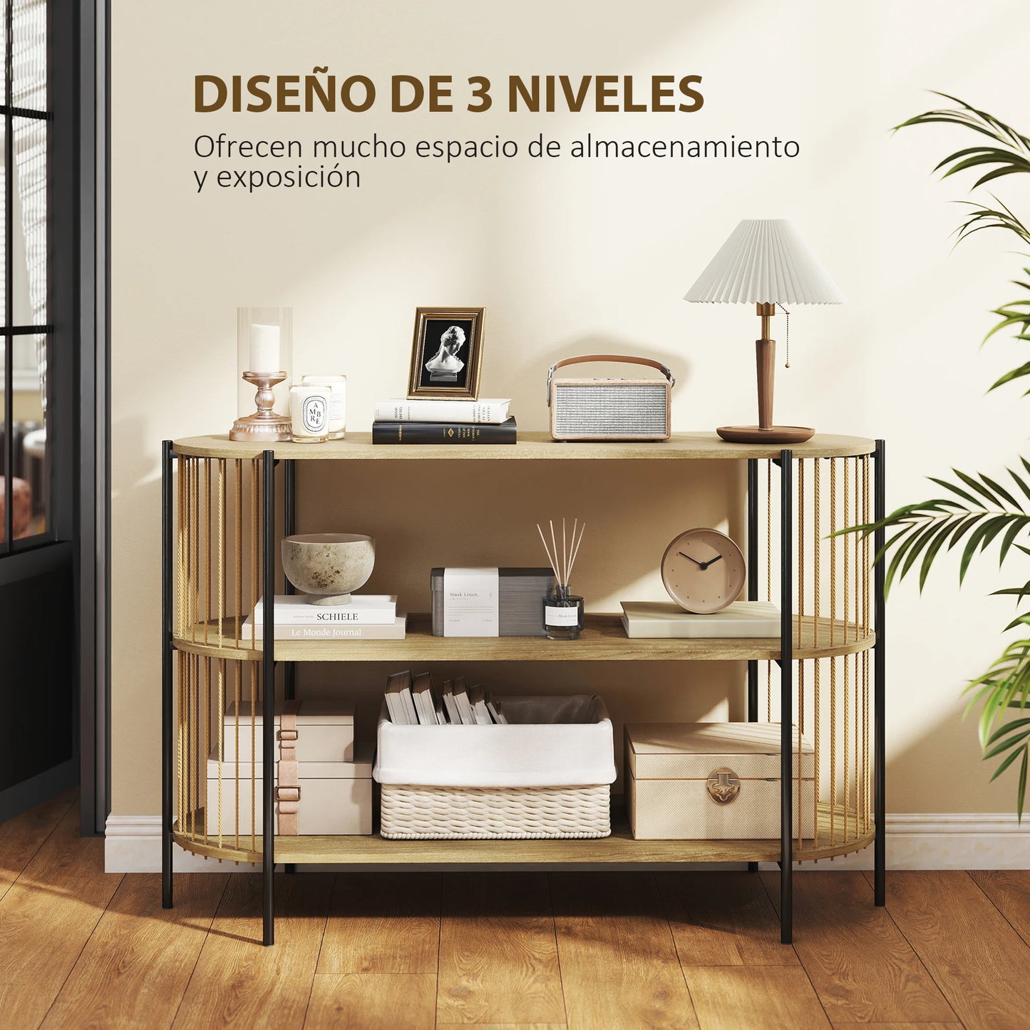 HOMCOM Konsolbord – Bohemisk Design med Handflätade Sidor & 3 Hyllplan