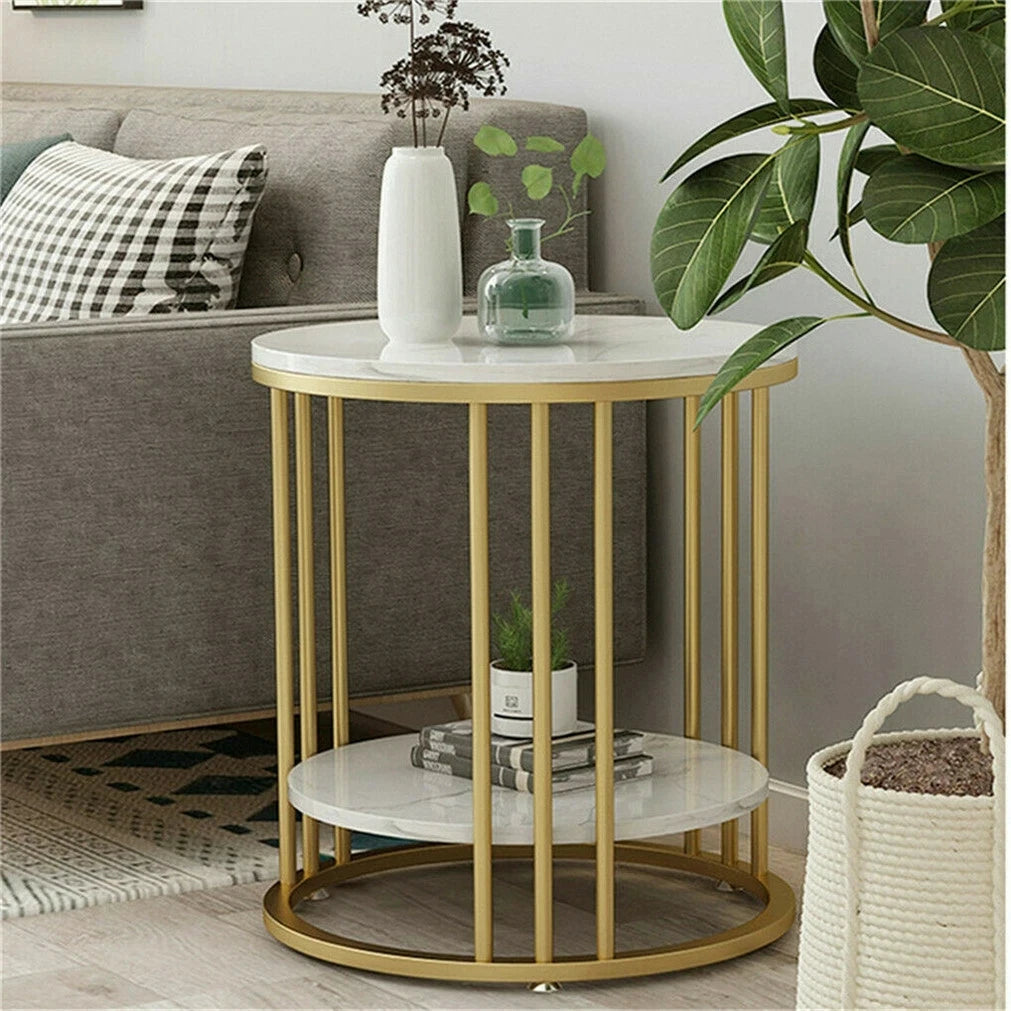 Wisfor Rund Sidobord med 2 Nivåer – Sintered Stone & Guldmetall – Modern Stil