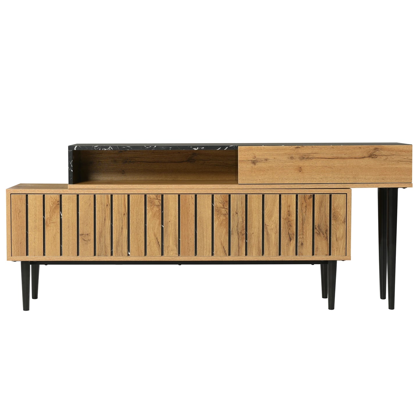 Modern TV-bänk – Marmordesign & Trästruktur med Järnben