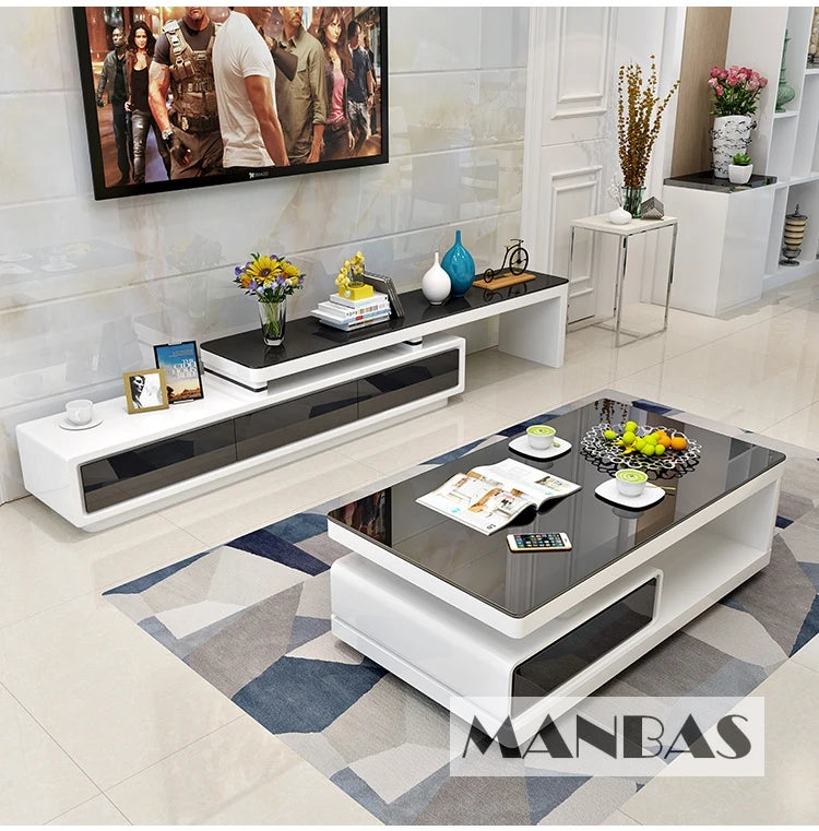 MANBAS TV-bänk & Smart Soffbord – Glansig Vit/Svart Design för Vardagsrummet