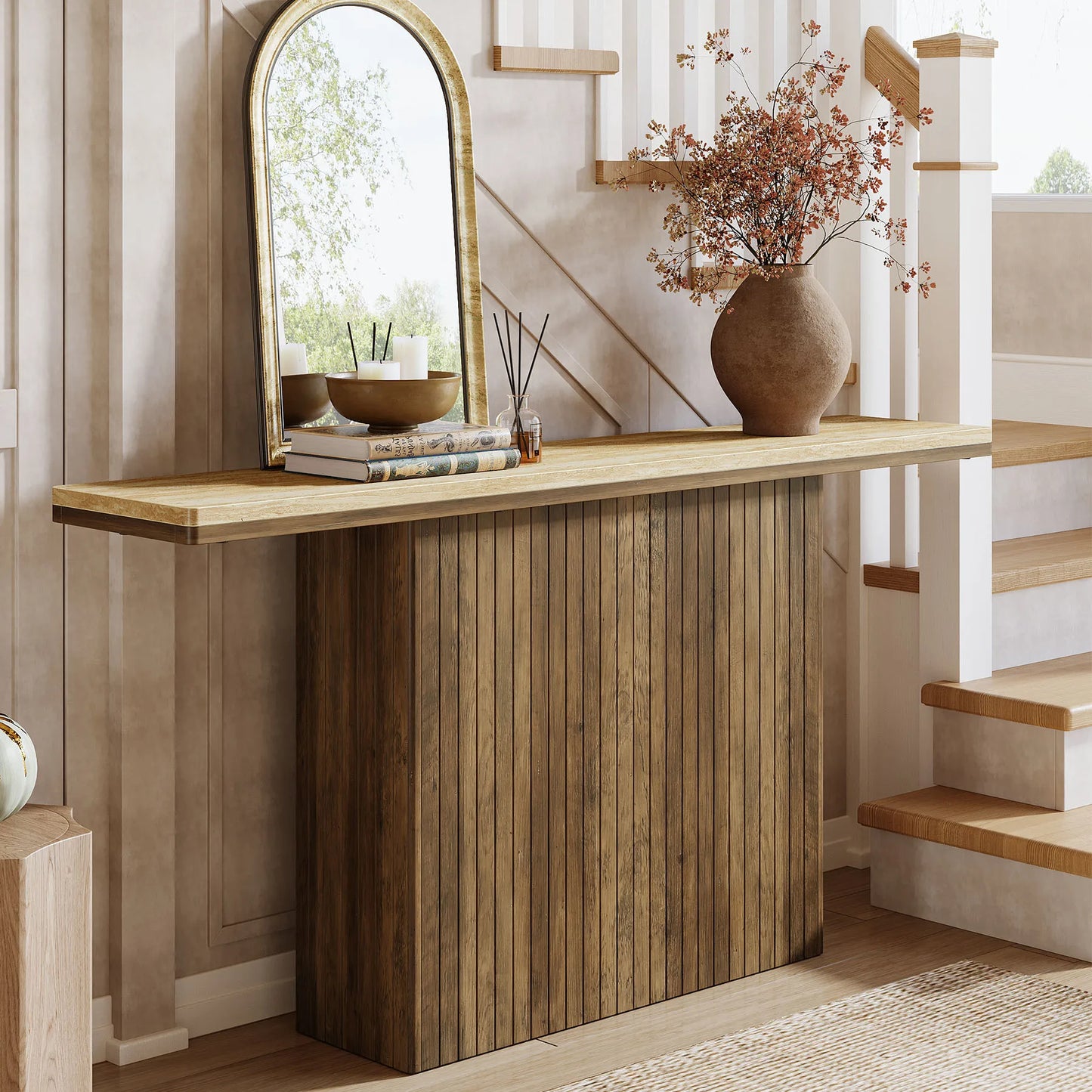 Tribesigns Konsolbord 160 cm – Lantlig Räfflad Design i Naturträ