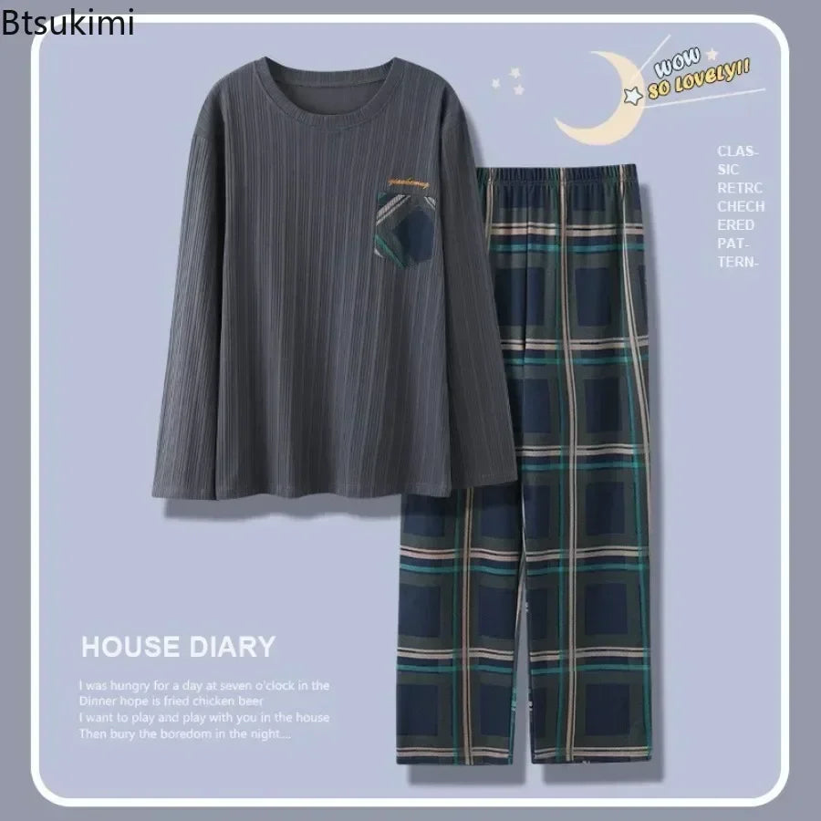 Herrpyjamas i 100% Bomull – 2-delad Set – Patchwork Design – Långärmad & Byxor – Vår/Höst/Vinter