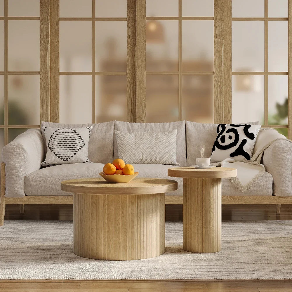 2-delat Runt Soffbordset – Naturlig Trälook – 66 & 40 cm – Modern & Rustik Design