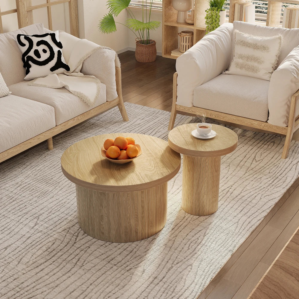 2-delat Runt Soffbordset – Naturlig Trälook – 66 & 40 cm – Modern & Rustik Design