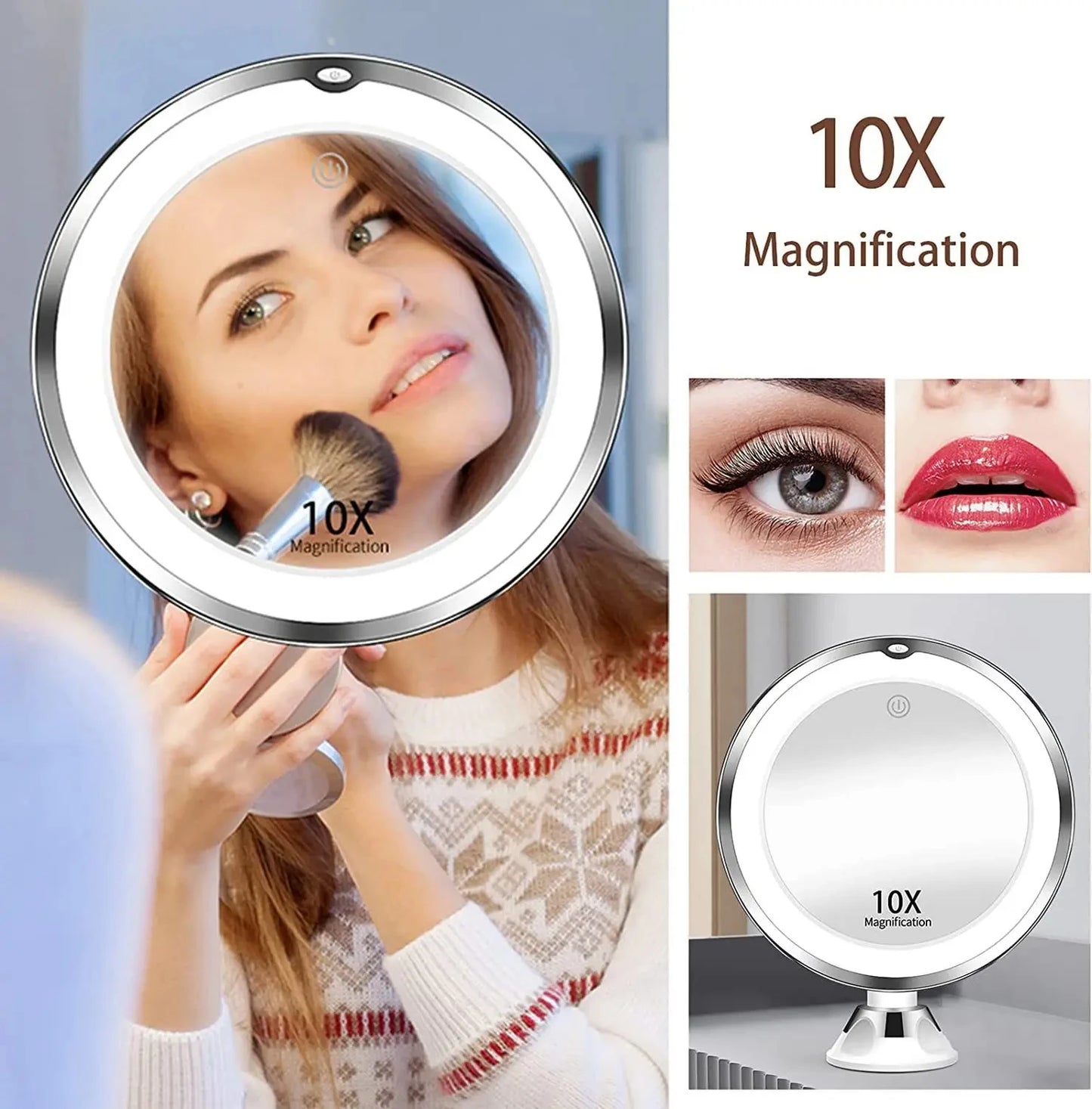 Sminkspegel med LED-ljus & 10x Förstoring – Touchskärm & Sugpropp | Portabel Design