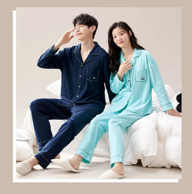 100% Bomull Parpyjamas – Höst/Vinter – Långärmad & Lös Passform – Koreansk Stil