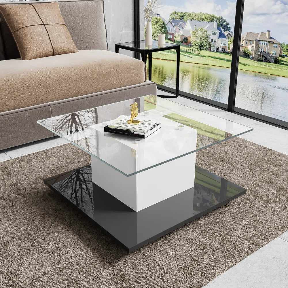 Modern Mobil Kaffebord med LED – Högblank Glasdesign – Svart & Vit – För Vardagsrum