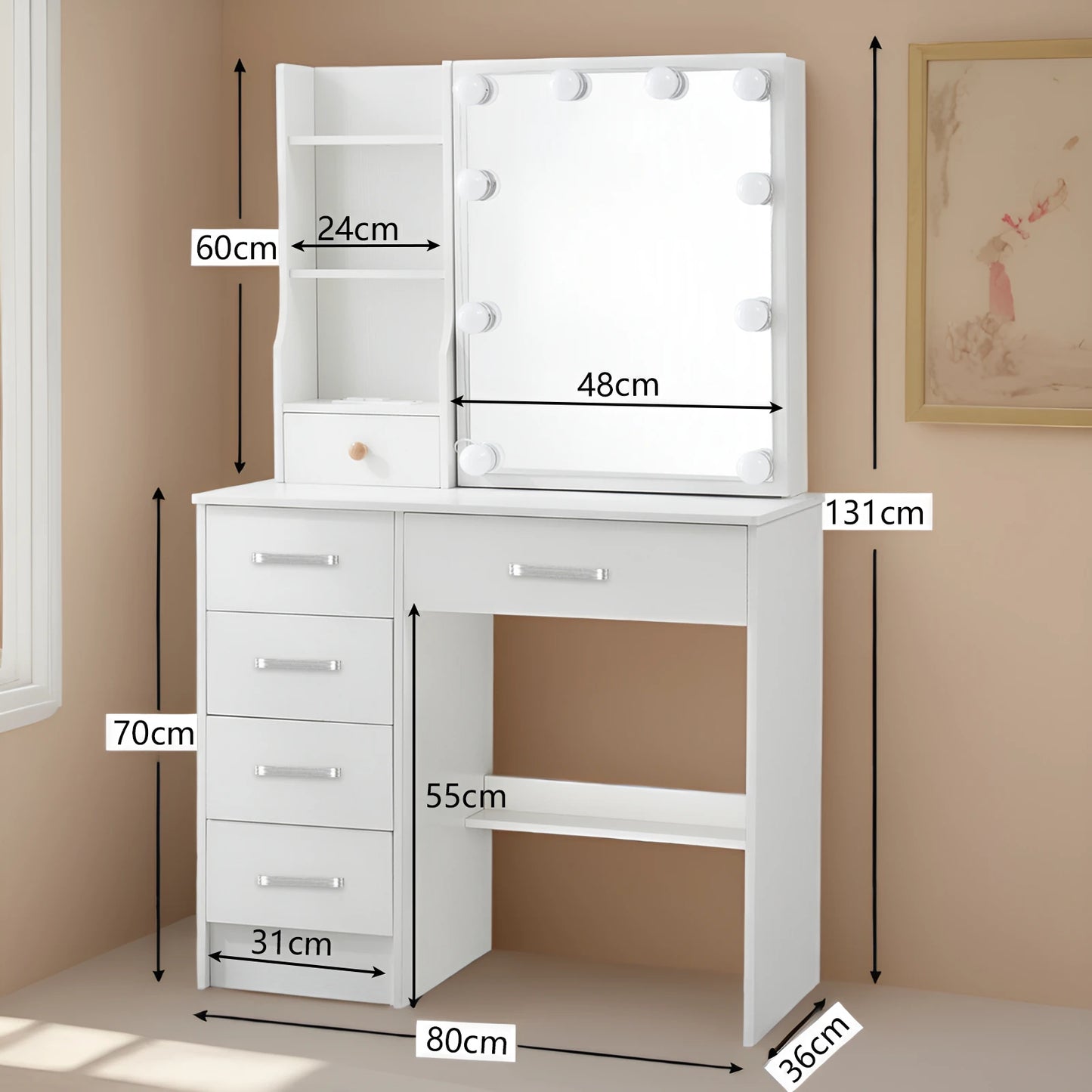 Sminkbord med LED-spegel & Vit Pall – Modern Stil för Sovrummet | 11.11 Kampanj