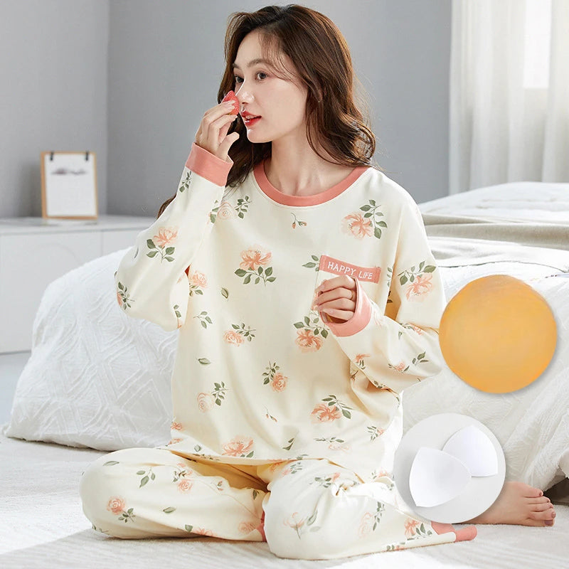 🌸 Koreansk Pyjamas för Kvinnor – Blommigt Tryck – Bomullsblandning med Korsett – Långärmad & Långbyxor