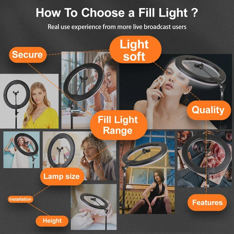 LED Ringljus med Stativ – 16/26/30 cm – USB – 10 Ljuslägen – För Makeup & Video
