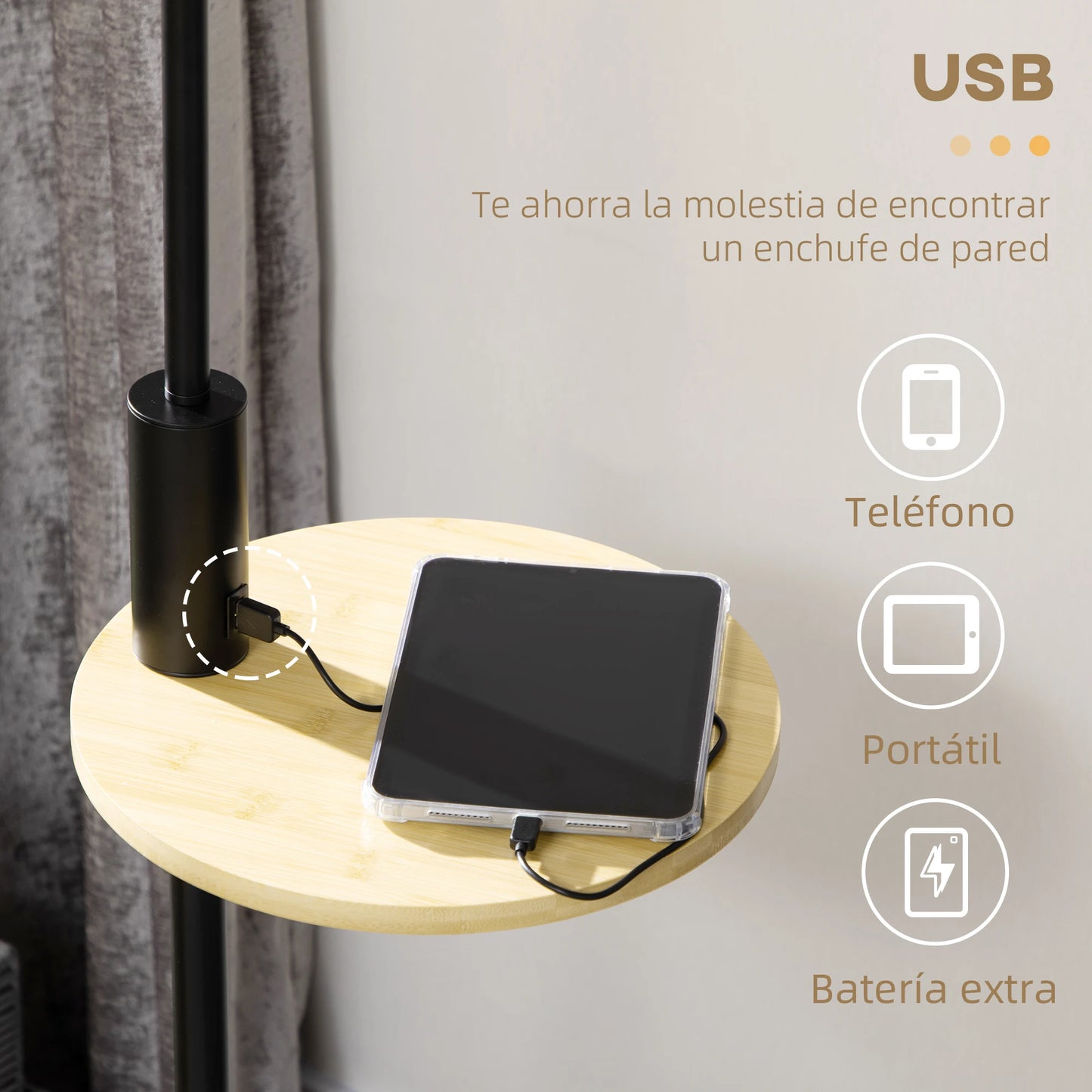 HOMCOM Golvlampa med Bord & USB – Ø 40x168 cm, E27 Max 40W