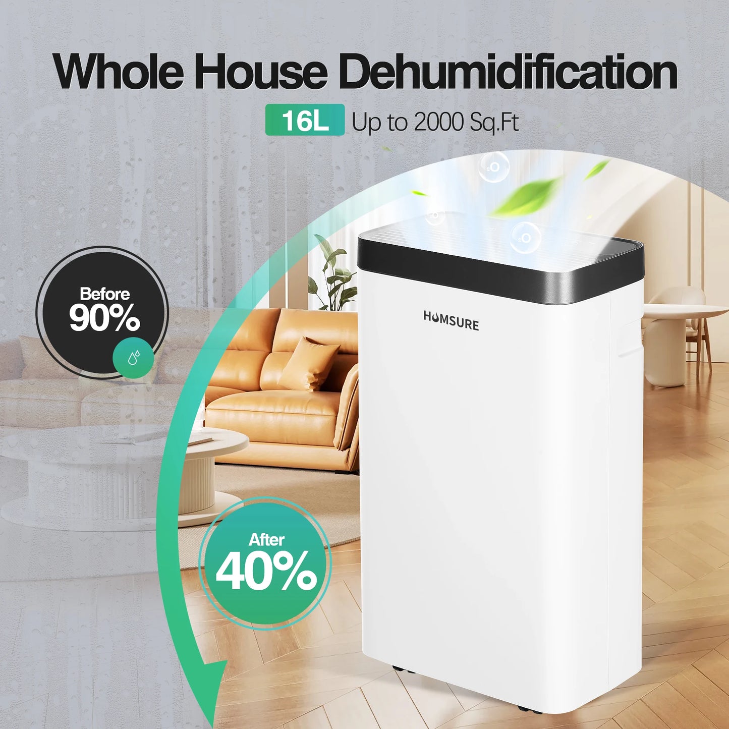 HUMSURE Elektrisk Avfuktare – 16 L/dag med LED-display och Avloppsslang
