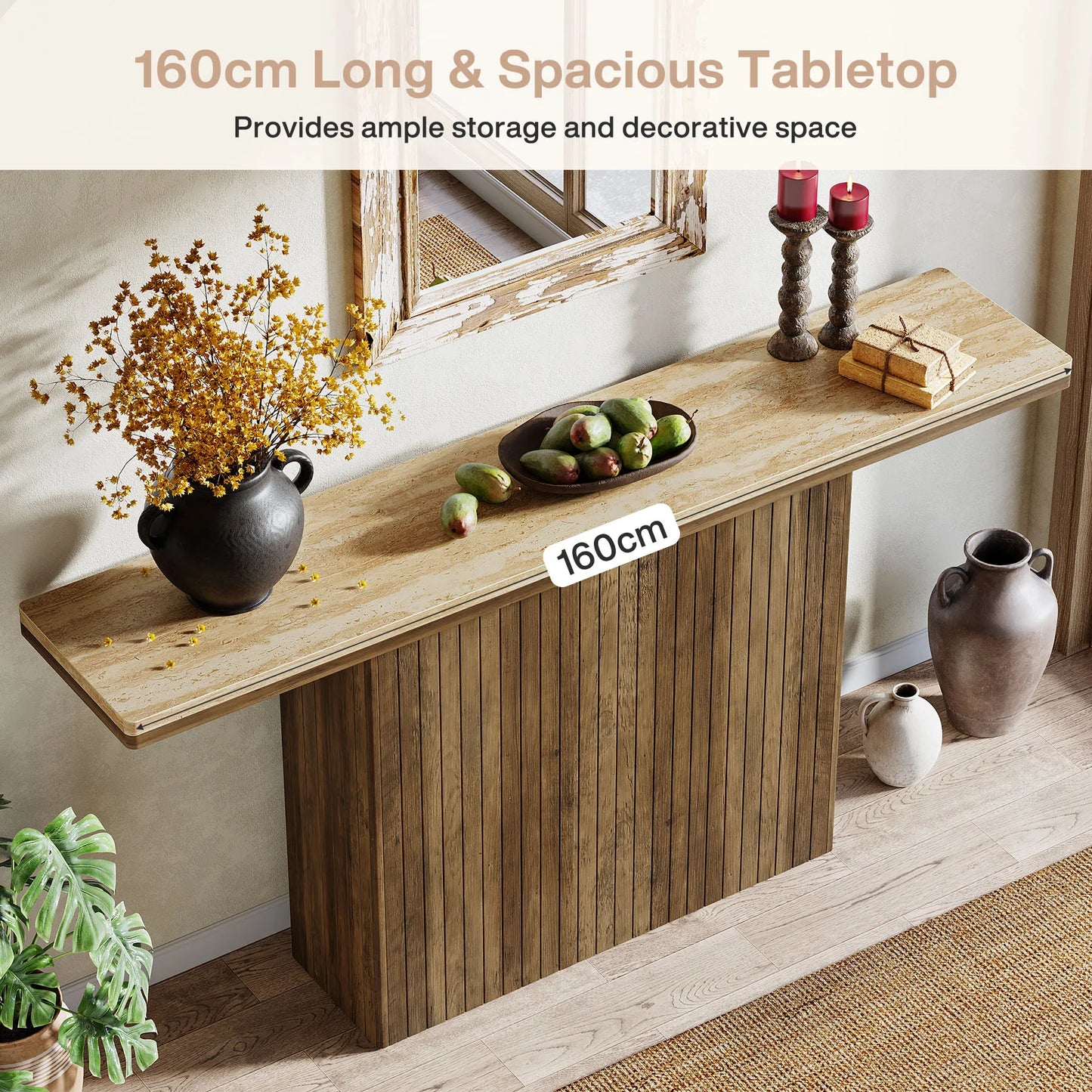 Tribesigns Konsolbord 160 cm – Lantlig Räfflad Design i Naturträ