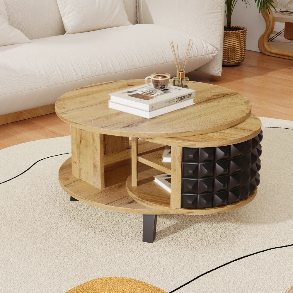 Roterbart Soffbord 2-i-1 – Med Dold Hylla – Modern Design i Trä & Svart – 85.2×80×45.2 cm