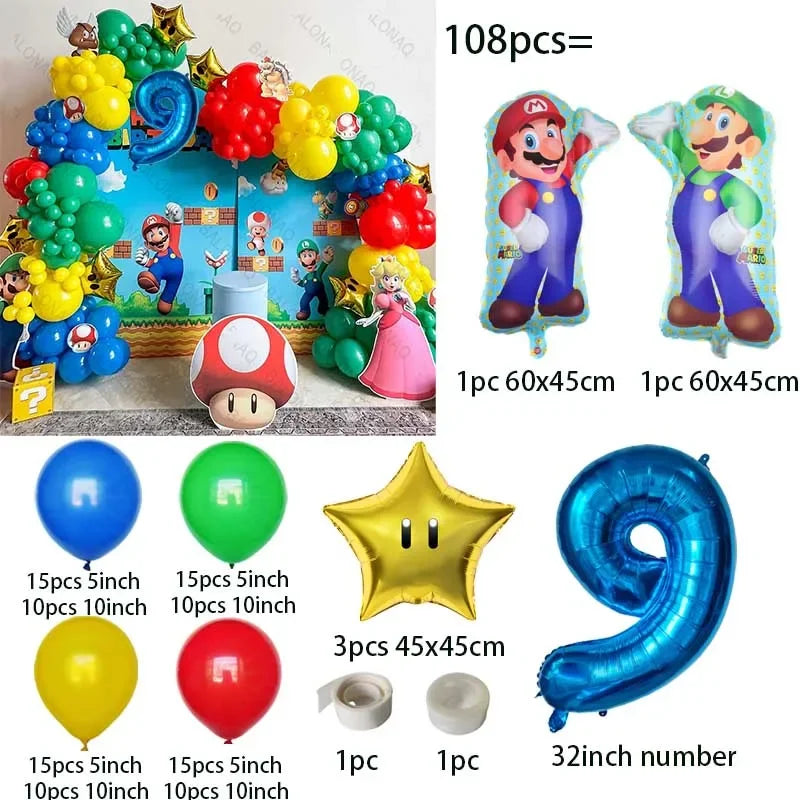 đ Ballongkit 108-pack â Super Bros Mario Tema â Röd, Gul, BlĂ„, Grön â För Barnkalas