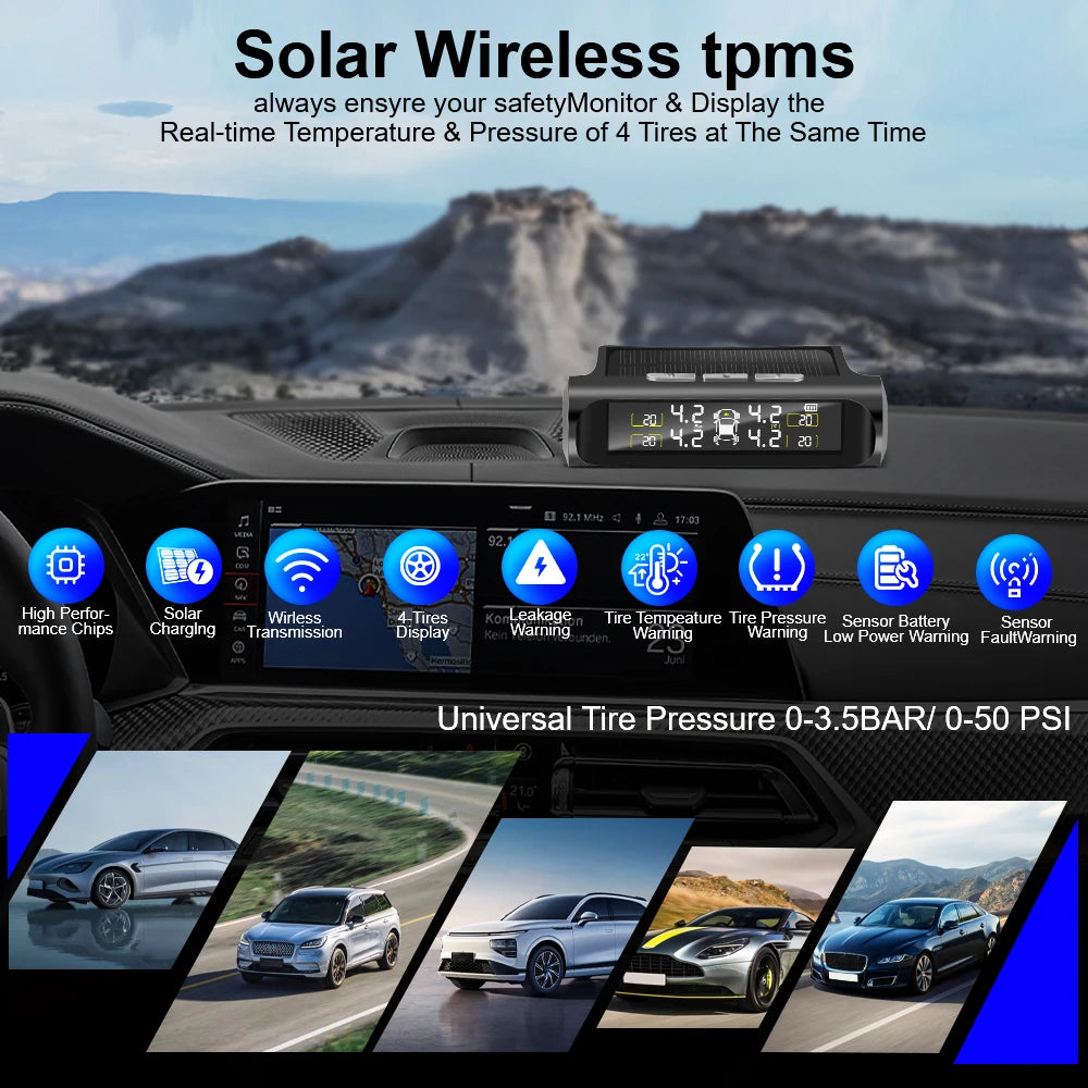 TPMS Däcktrycksövervakningssystem – Solcellsdriven med LCD-display & säkerhetslarm