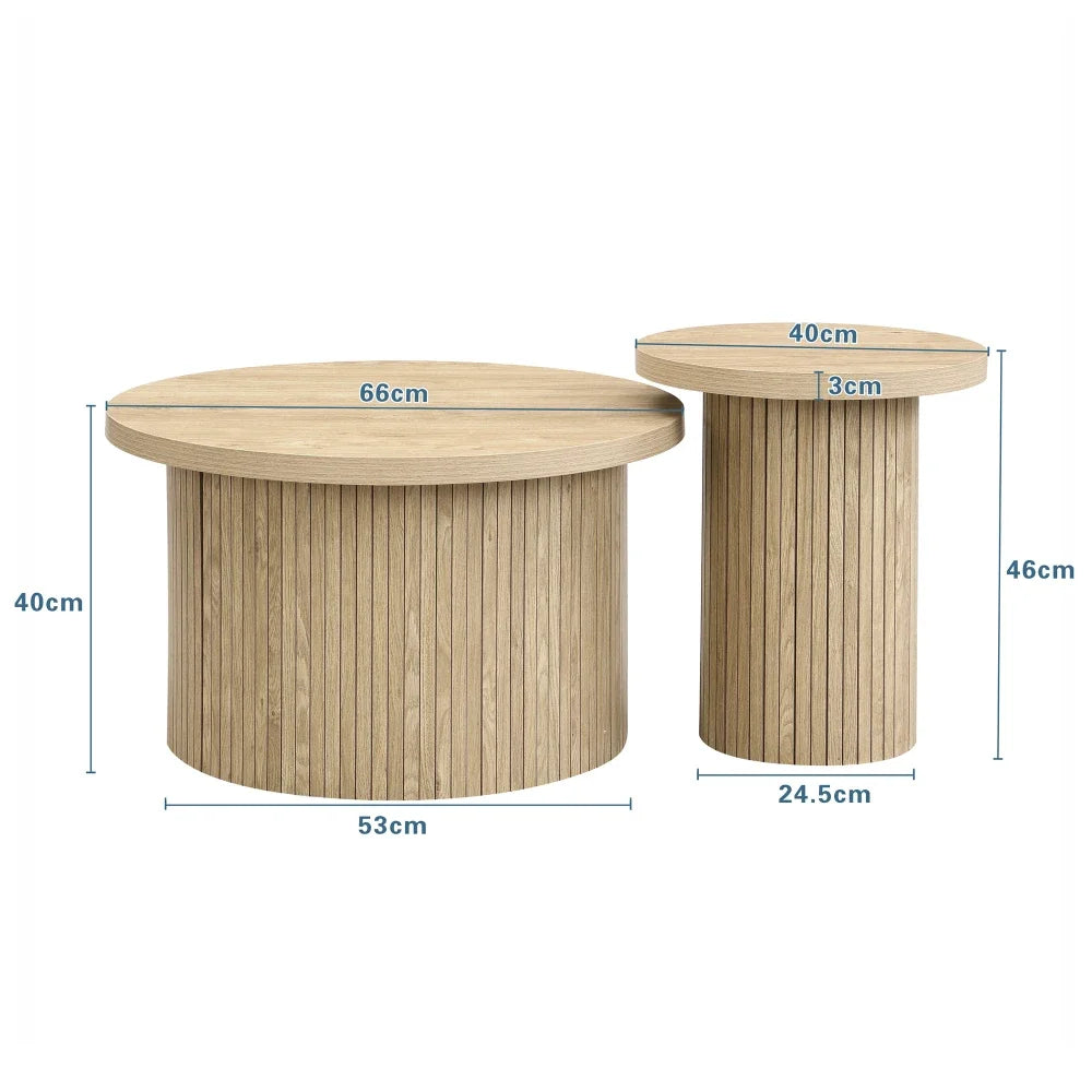 2-delat Runt Soffbordset – Naturlig Trälook – 66 & 40 cm – Modern & Rustik Design