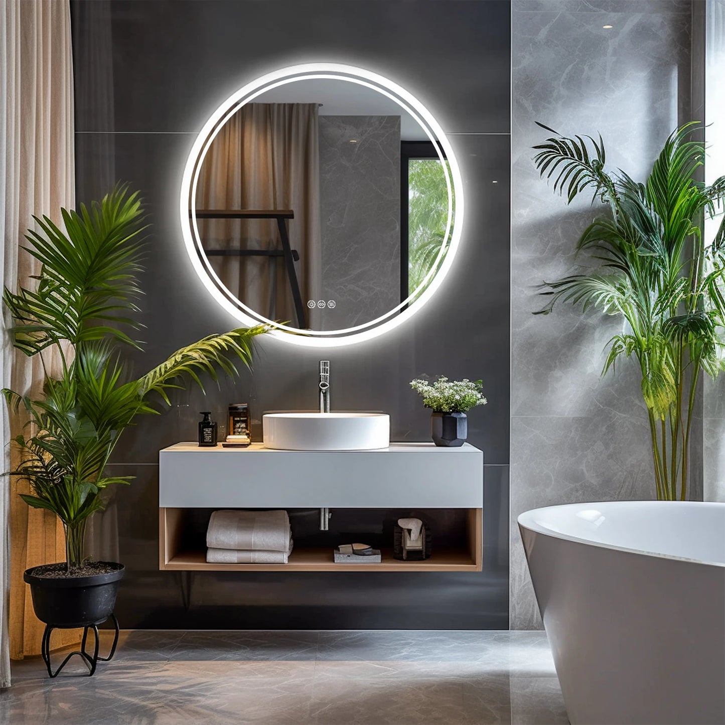 Wisfor Rund LED-spegel – Dimbar & Imfri med 3 Ljuslägen (Ø 60–80 cm)
