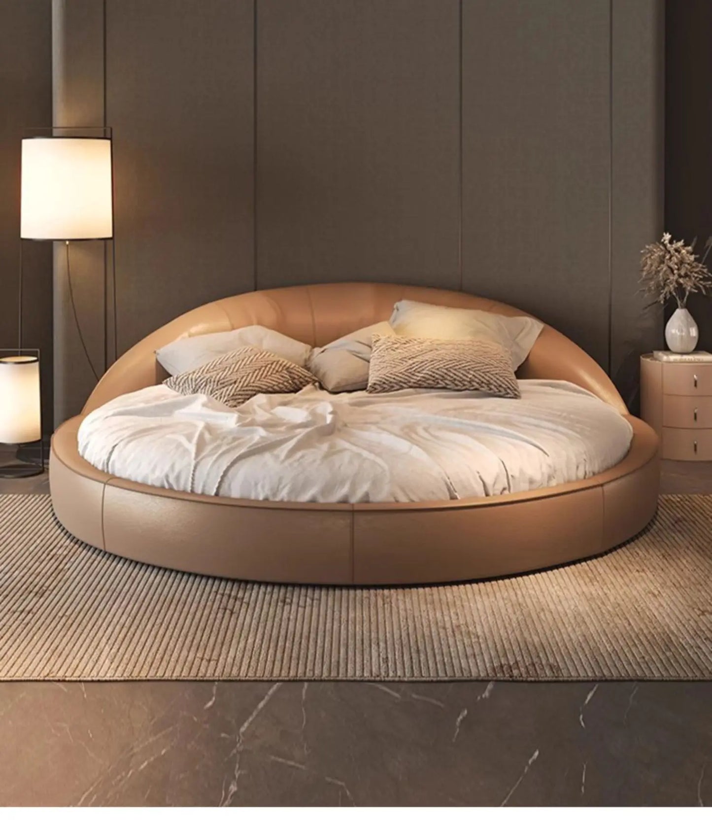 Rund Säng i Äkta Läder – Elegant Minimalistisk Design | Princess Cream Wind | 180/200 cm | Lyxig Bröllopssäng
