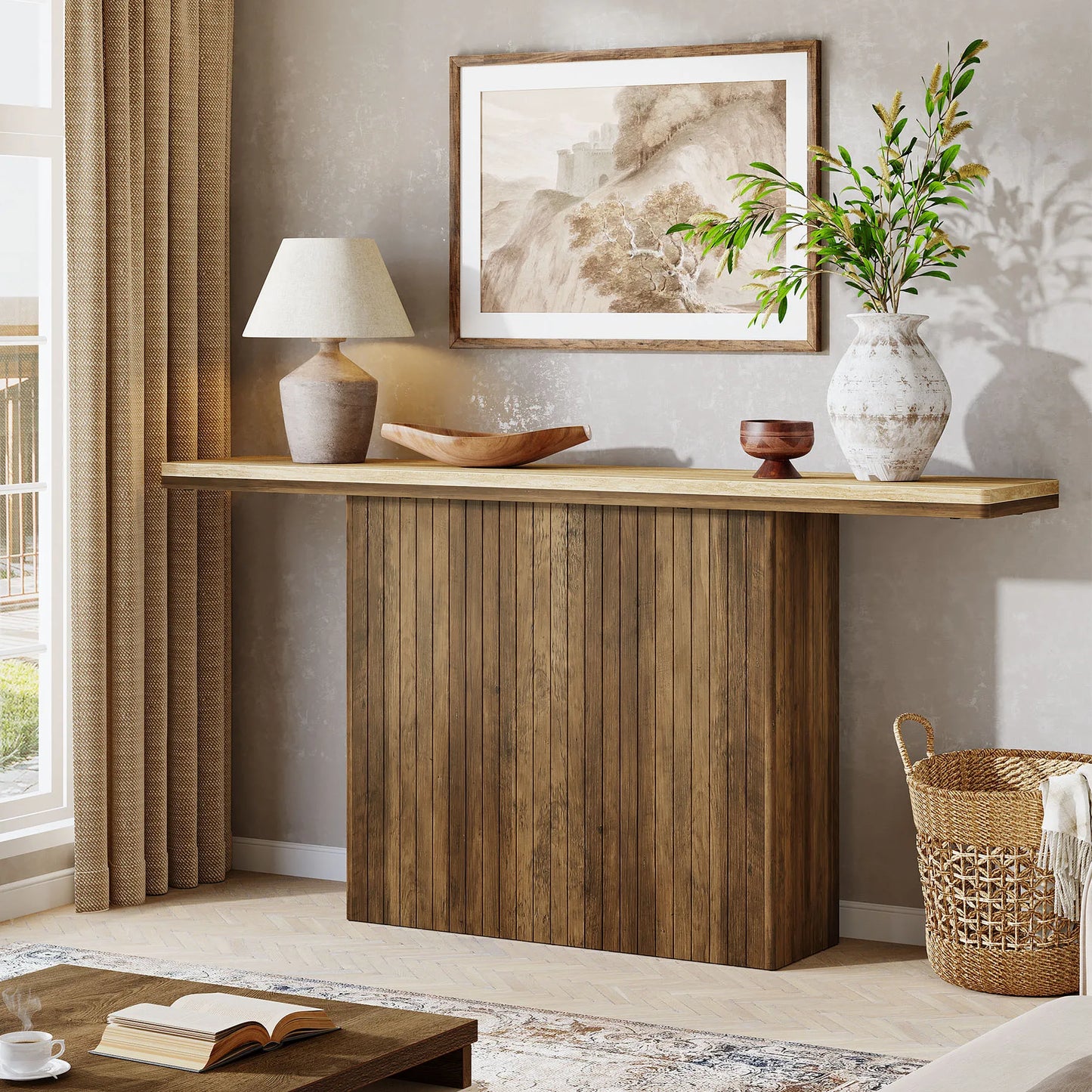 Tribesigns Konsolbord 160 cm – Lantlig Räfflad Design i Naturträ