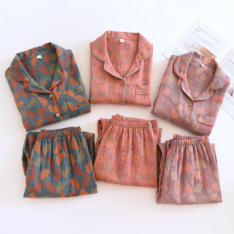 🌸 Elegant Pyjamas för Kvinnor – 100% Bomullskrepp – Blommigt Tryck – Vår & Sommar – 2-delad Set