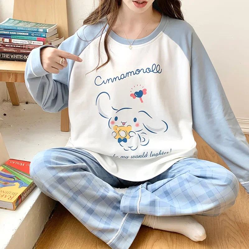 🛌 100% Kammad Bomull Pyjamas för Kvinnor – Höst/Vinter – Söt Tecknad Design – Långärmad & Långbyxor