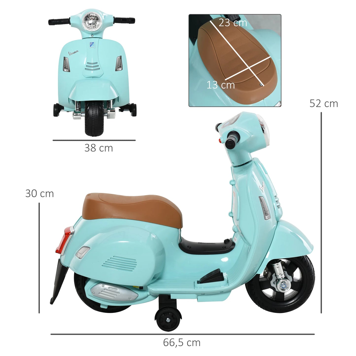 đ” HOMCOM Elektrisk Vespa för Barn â 18â36 MĂ„nader â Med StrĂ„lkastare & Tuta â 66.5Ă38Ă52 cm