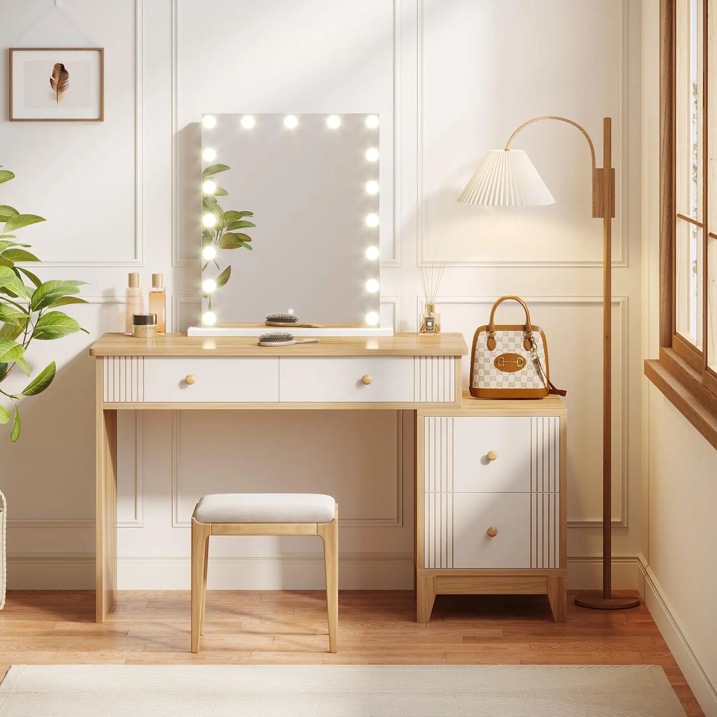 Tribesigns Sminkbord – 120 cm med 3 Lådor i Vit & Guld