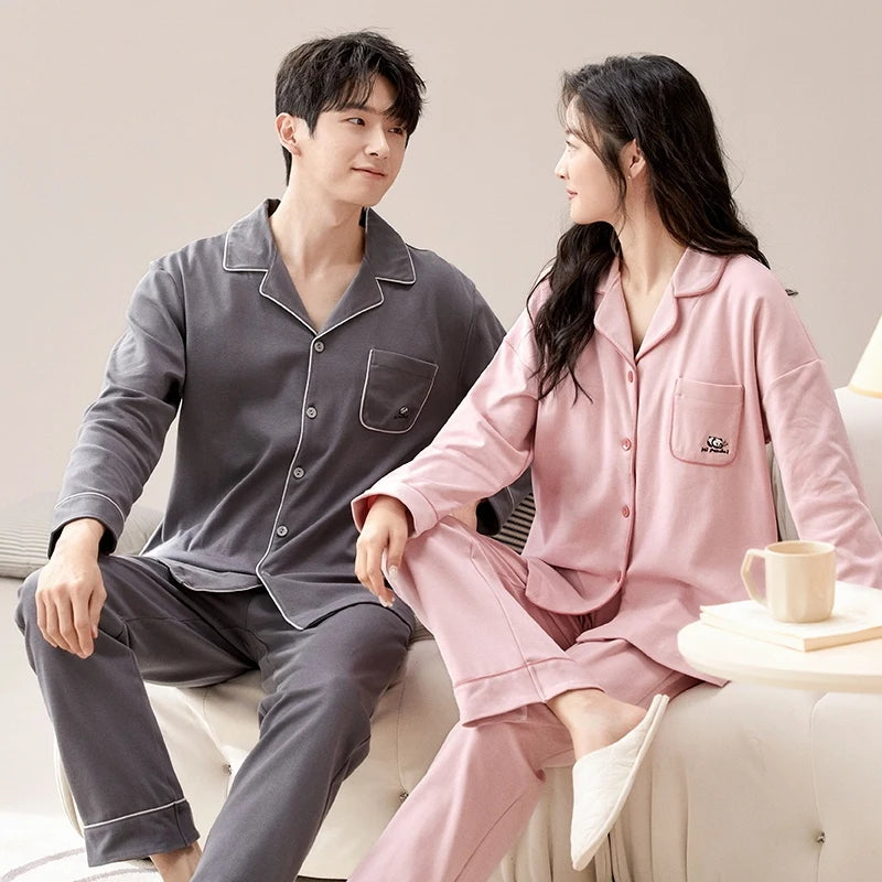 100% Bomull Parpyjamas – Höst/Vinter – Långärmad & Lös Passform – Koreansk Stil