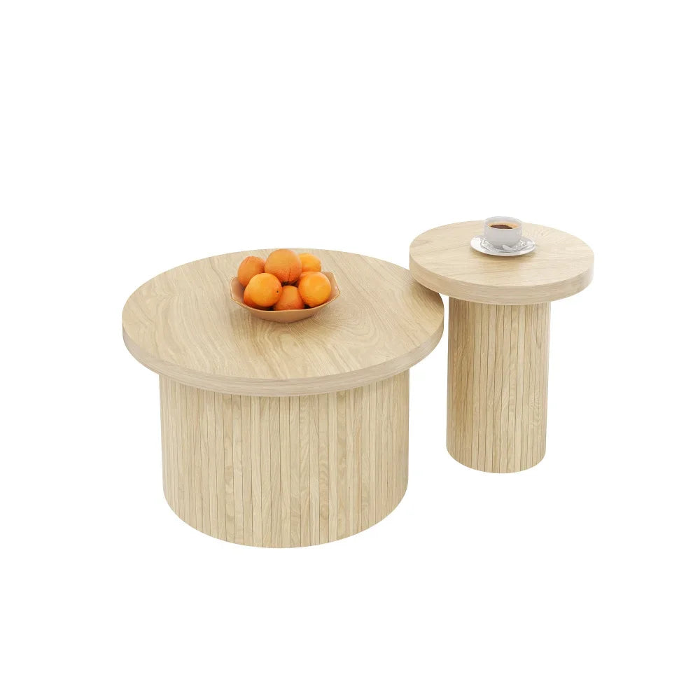 2-delat Runt Soffbordset – Naturlig Trälook – 66 & 40 cm – Modern & Rustik Design