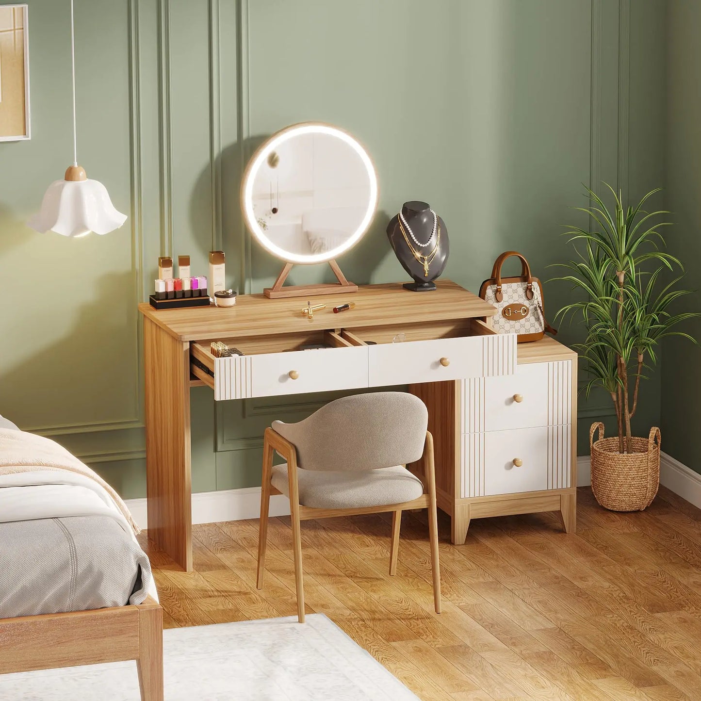 Tribesigns Sminkbord – 120 cm med 3 Lådor i Vit & Guld