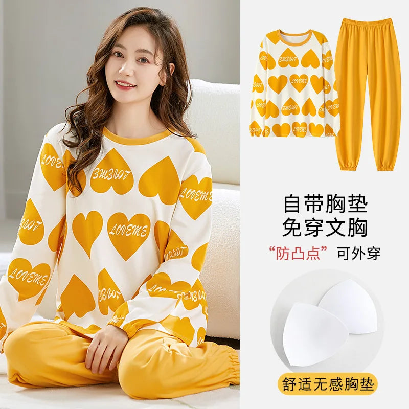 🌸 Koreansk Pyjamas för Kvinnor – Blommigt Tryck – Bomullsblandning med Korsett – Långärmad & Långbyxor