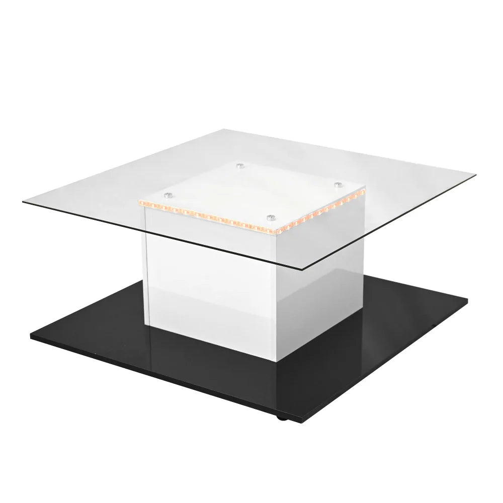 Modern Mobil Kaffebord med LED – Högblank Glasdesign – Svart & Vit – För Vardagsrum