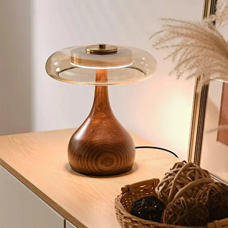 Retro Bordslampa i Fransk Stil – Glas & Trä – För Sovrum, Vardagsrum eller Hotell