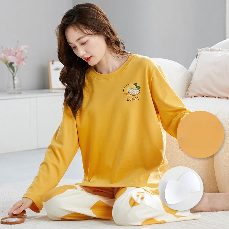 🌸 Koreansk Pyjamas för Kvinnor – Blommigt Tryck – Bomullsblandning med Korsett – Långärmad & Långbyxor