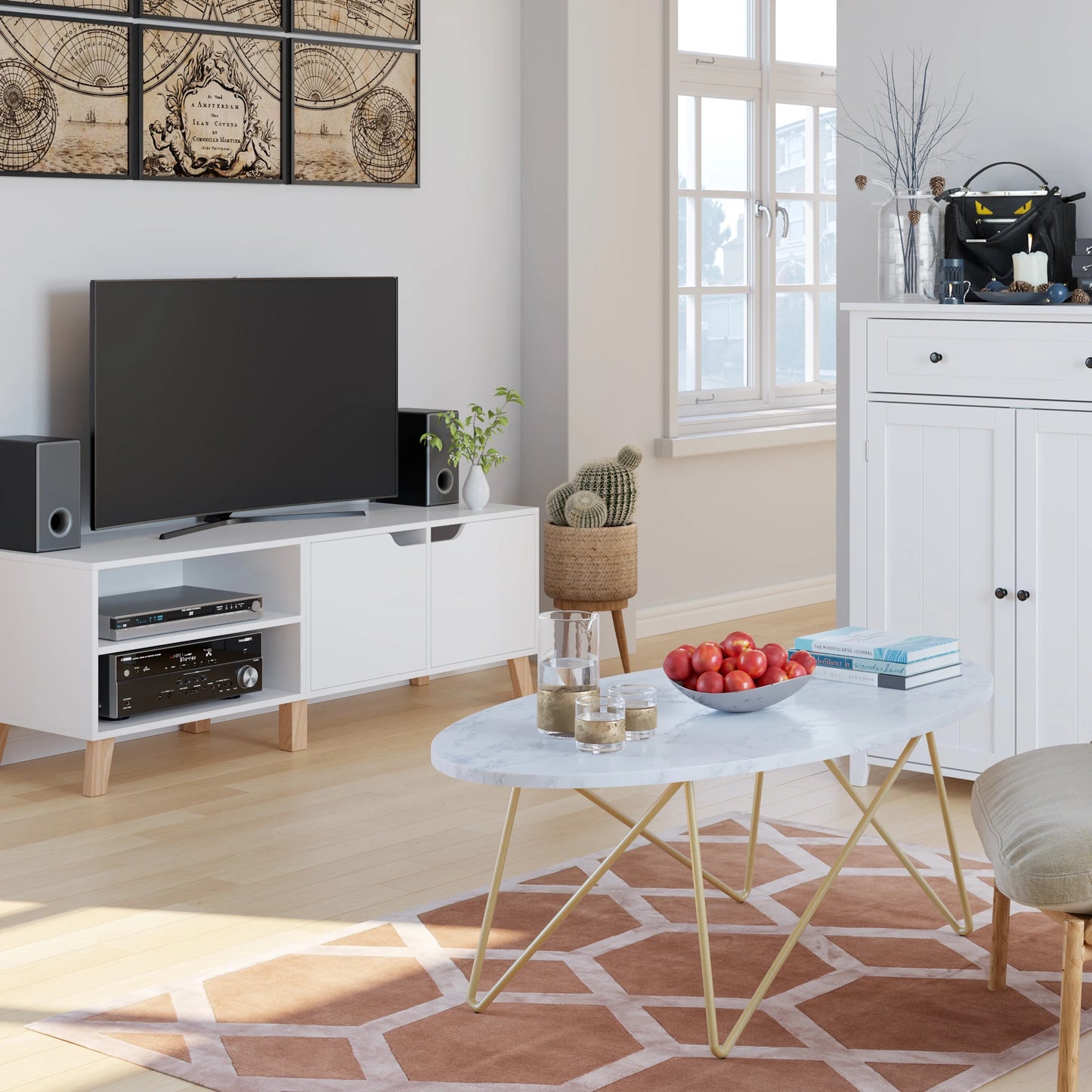 Getone Marmorbord – Oval Soffbord med Guldben – 120×60×41 cm – Vit & Marmorlook