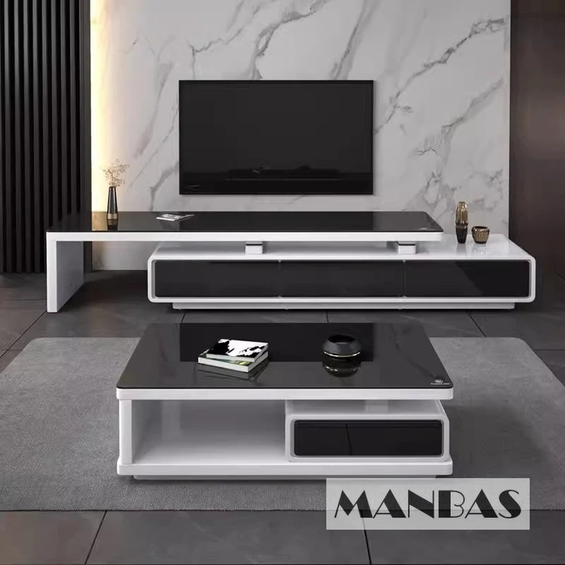 MANBAS TV-bänk & Smart Soffbord – Glansig Vit/Svart Design för Vardagsrummet