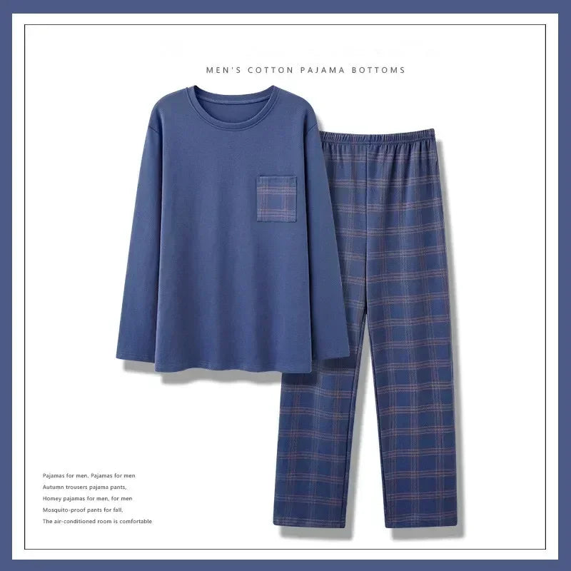 Herrpyjamas i 100% Bomull – 2-delad Set – Patchwork Design – Långärmad & Byxor – Vår/Höst/Vinter