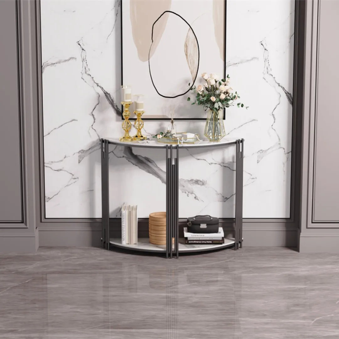 LUVODI Halvmåne Konsolbord – Sintersten & Metall – 100×78 cm – Vit & Svart